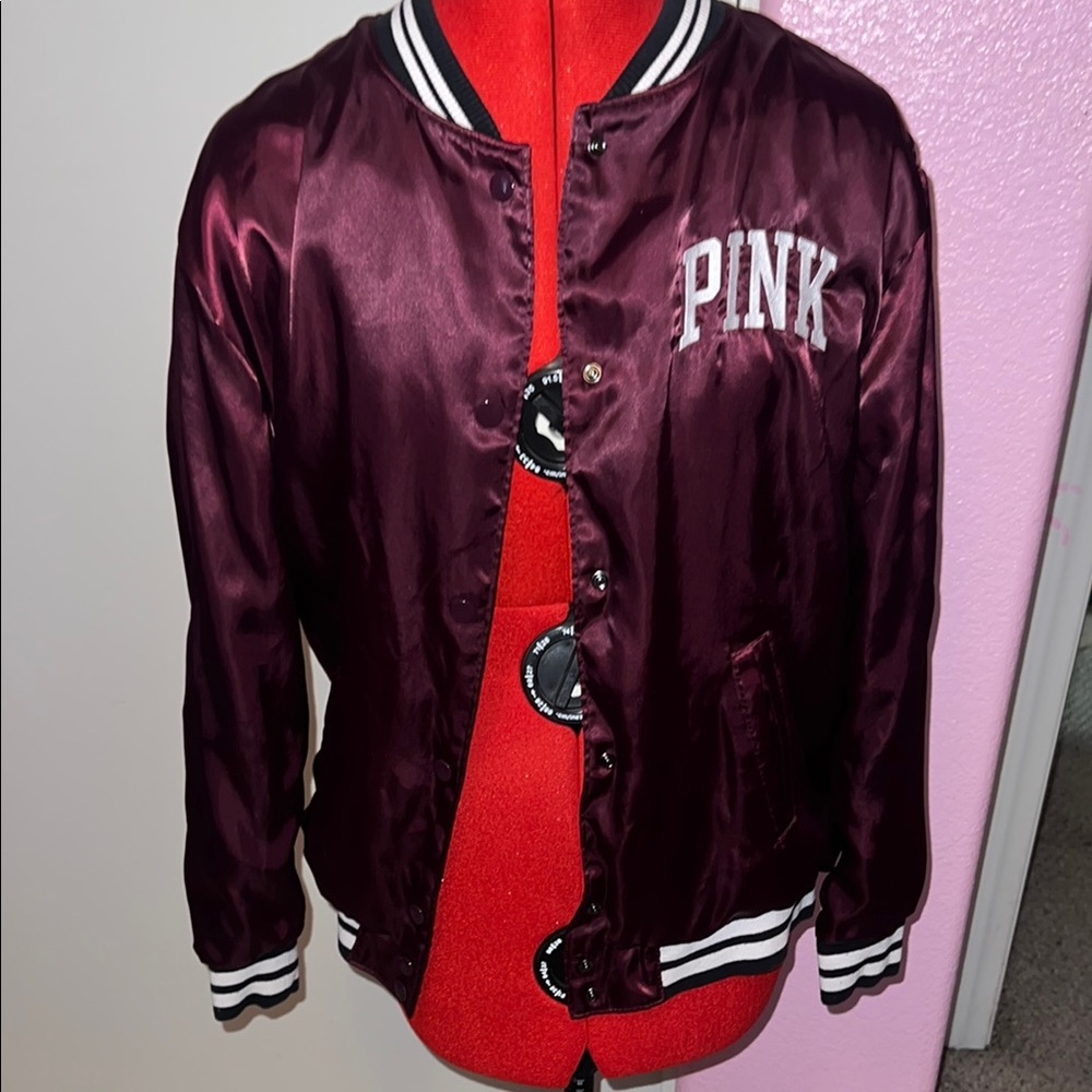 Maroon Satin PINK Varsity Jacket